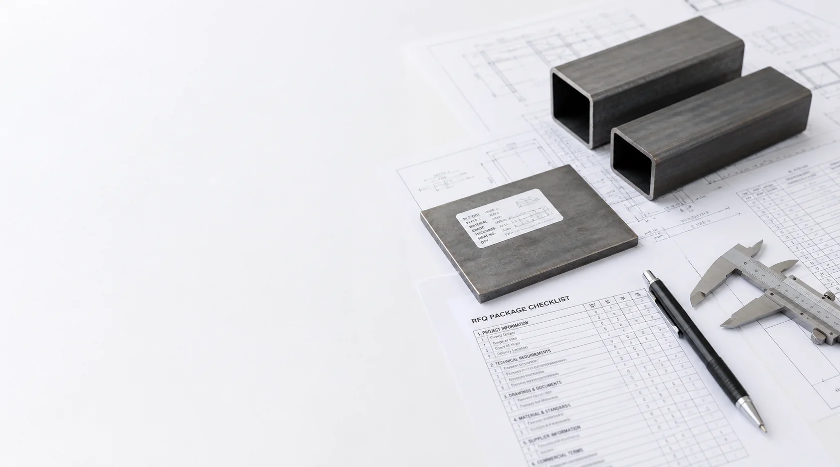 Illustrative steel samples, RFQ checklist, caliper, and structural drawings