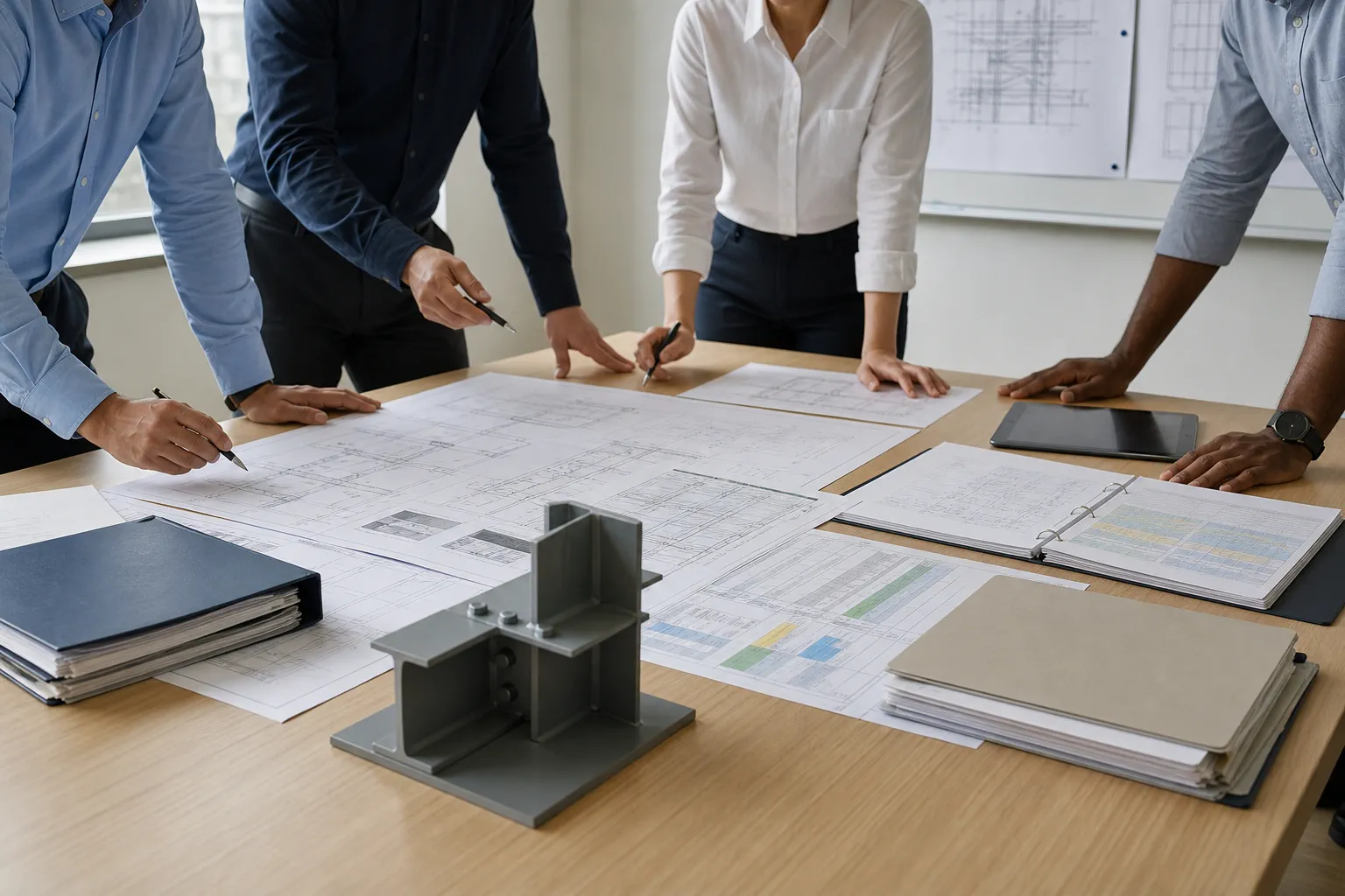 An EPC project team reviews generic structural-steel drawings, document folders and a matrix-style sheet around an unbranded steel connection model.