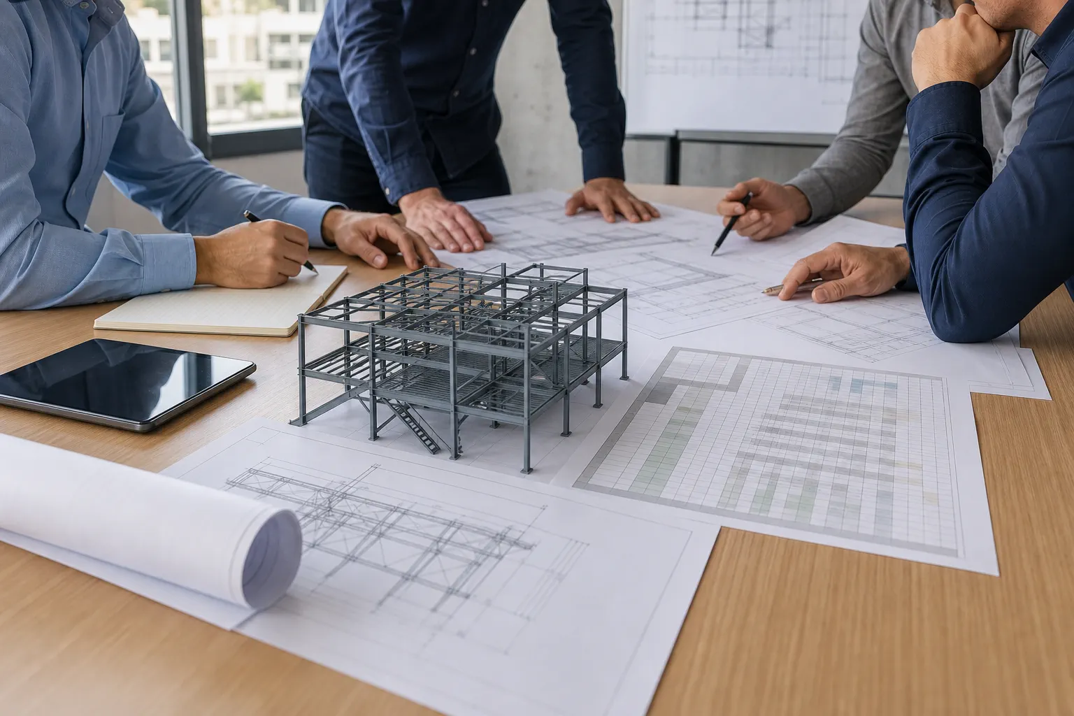 A multidisciplinary EPC team reviews generic engineering drawings and an unreadable matrix sheet around an unbranded structural-steel model.