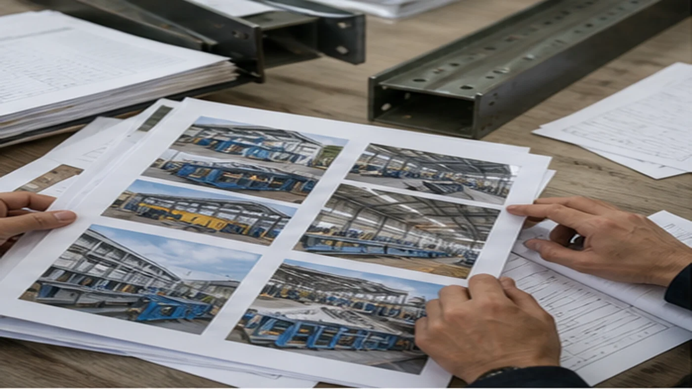 China steel structure supplier review guide shown as supplier profile, export records, workshop evidence photos, and quality document samples