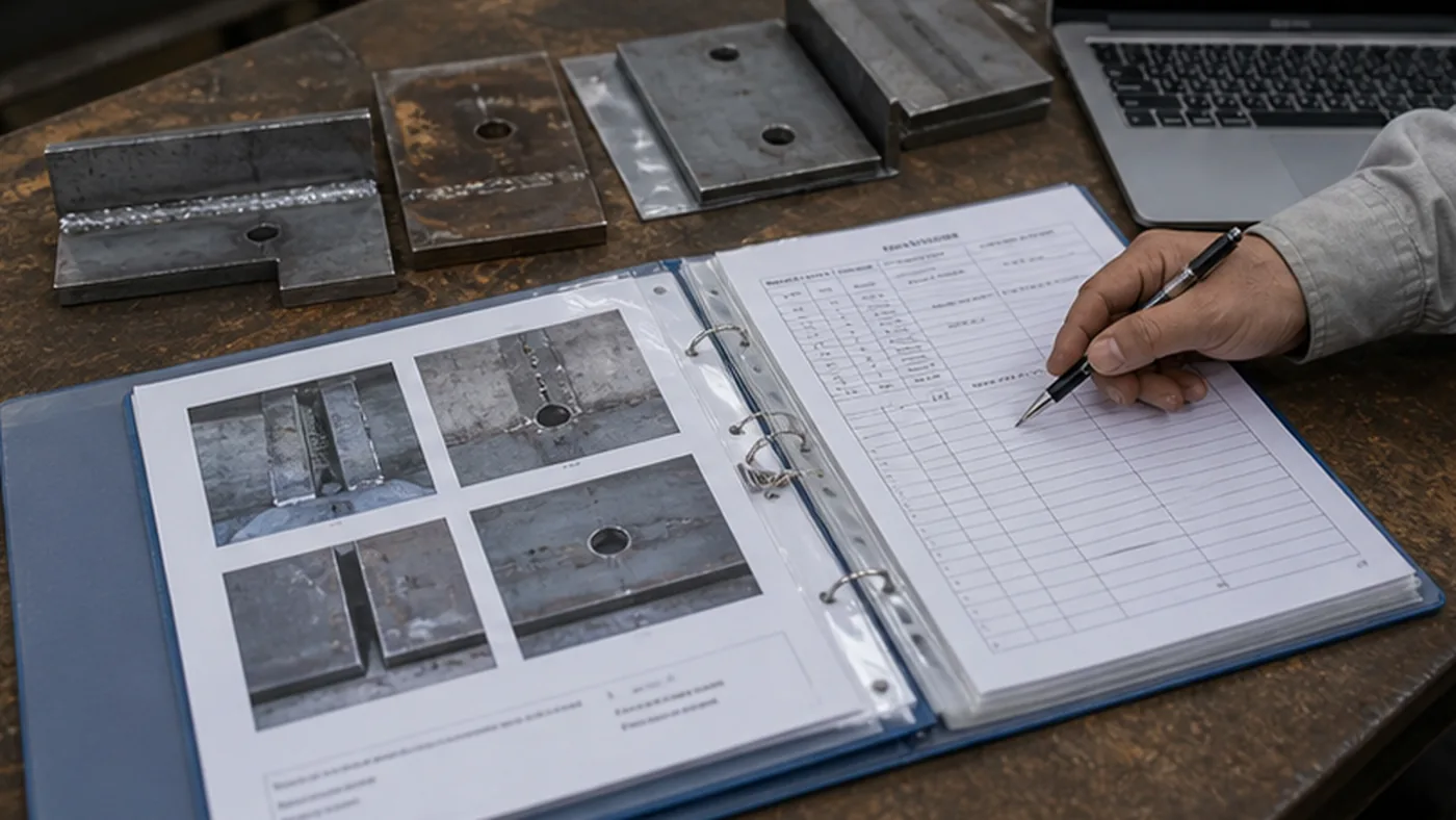 Steel structure defect severity classification checklist shown as steel structure quality document package with MTC, heat number traceability, welding records, coating DFT report, NCR closeout file, and shipment handover list