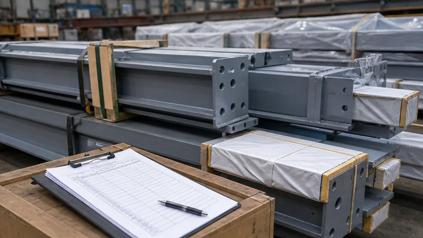 Export packing checklist for steel structure components shown as steel structure export packing evidence with component marks, bundle labels, bolt box labels, packing list, and container loading photos