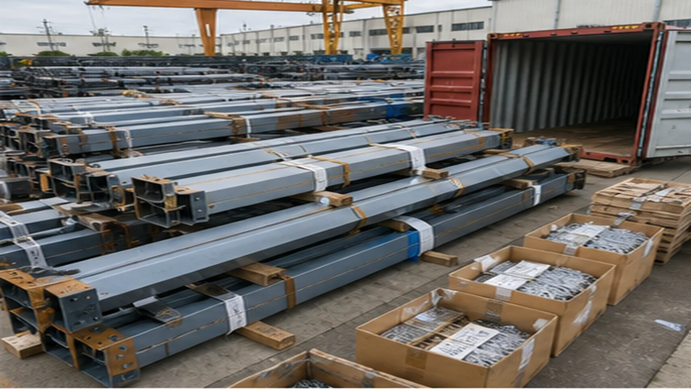 Export packing guide for steel structure components shown as bundled steel beams, bolt boxes, shipping marks, and container loading preparation