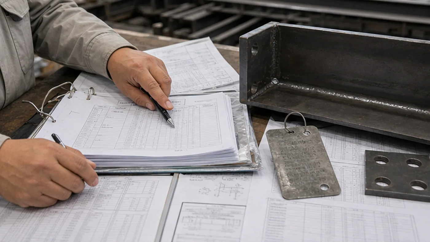 Material traceability for steel structure projects shown as steel structure quality document package with MTC, heat number traceability, welding records, coating DFT report, NCR closeout file, and shipment handover list