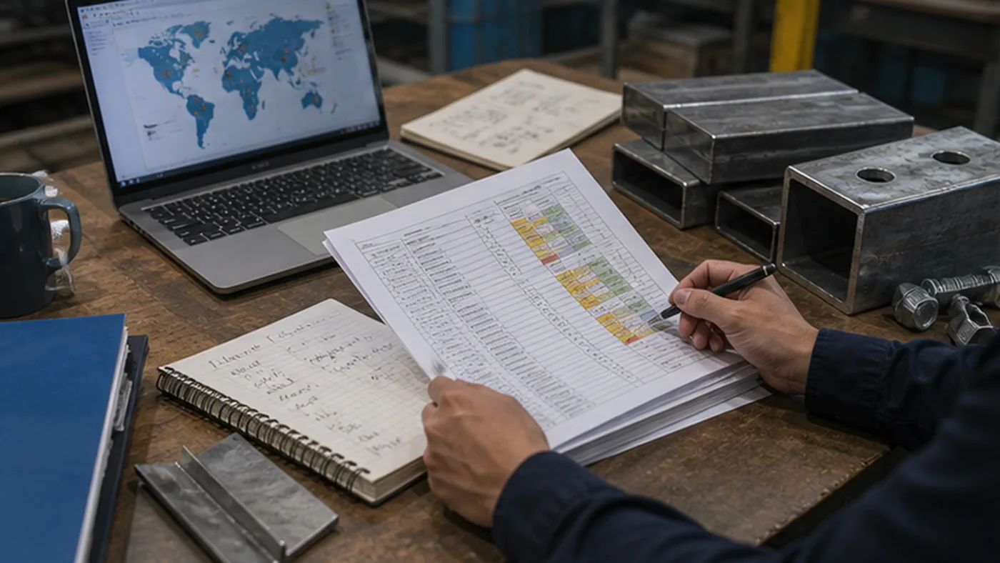 Overseas steel structure procurement risks for EPC buyers shown as EPC steel structure RFQ package review with scope, drawings, standards, quality documents, packing evidence, and delivery risk controls