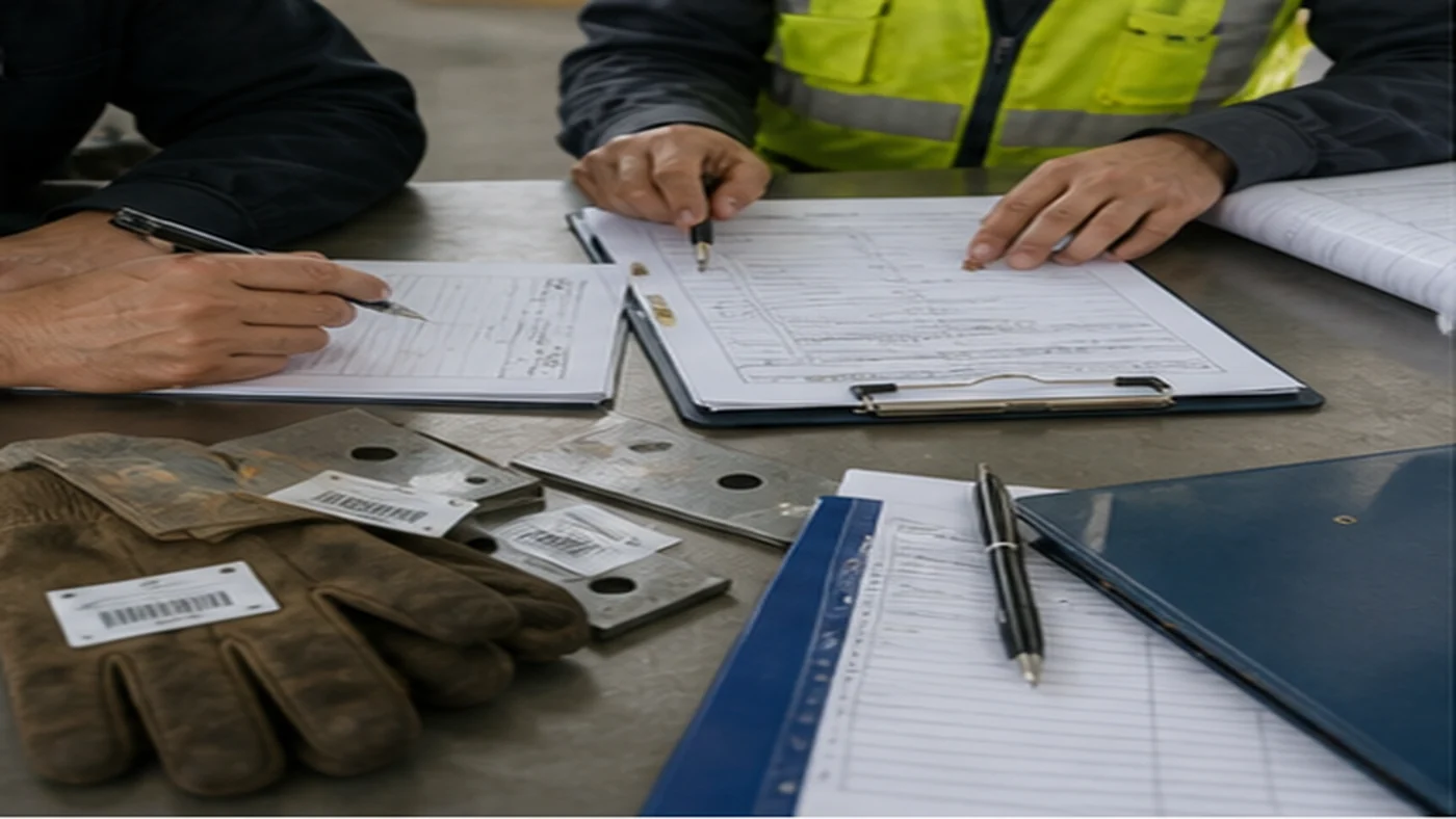 Shipment release checklist after TPI inspection shown as inspector hands reviewing report, punch list, component tags, and release folder