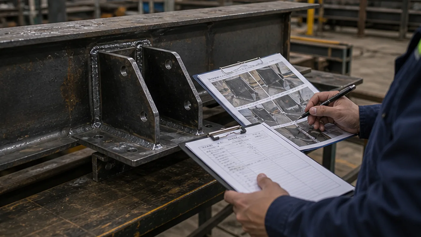 Steel structure corrective action effectiveness review checklist shown as steel structure quality document package with MTC, heat number traceability, welding records, coating DFT report, NCR closeout file, and shipment handover list