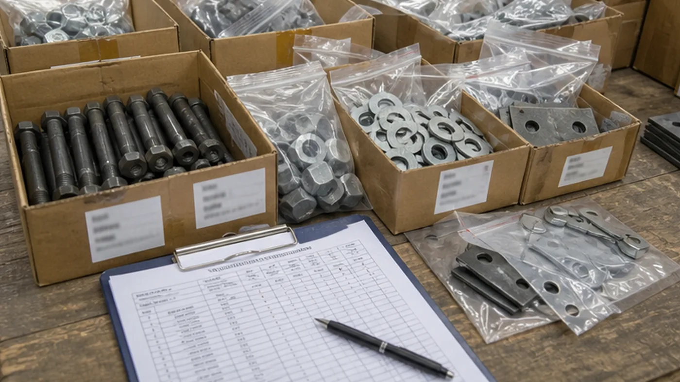 Steel structure anchor bolt delivery checklist for export projects shown as steel structure export packing evidence with component marks, bundle labels, bolt box labels, packing list, and container loading photos