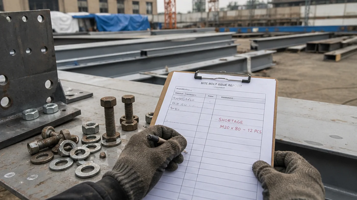 Steel structure bolt issue report checklist at site shown as steel structure export packing evidence with component marks, bundle labels, bolt box labels, packing list, and container loading photos