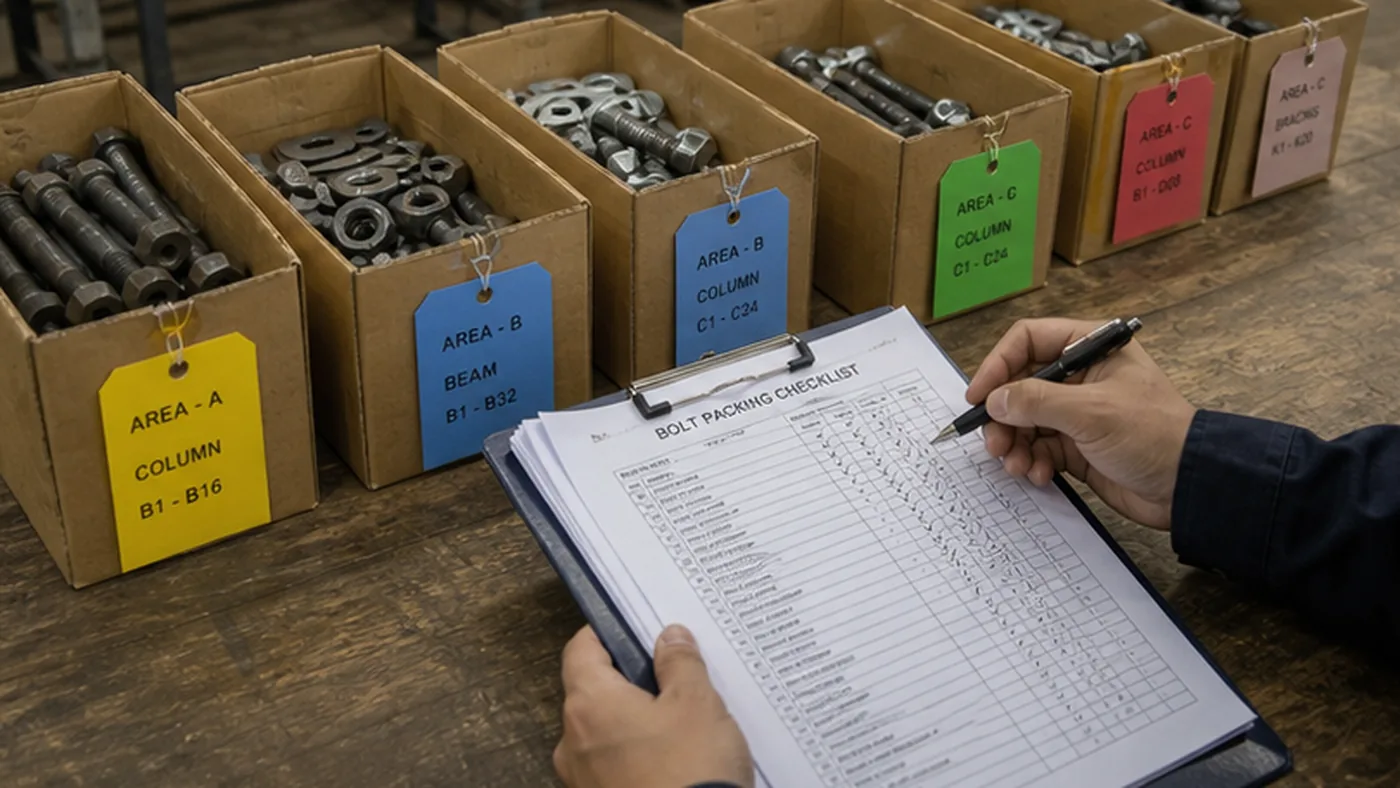 Steel structure bolt packing sequence checklist shown as steel structure export packing evidence with component marks, bundle labels, bolt box labels, packing list, and container loading photos
