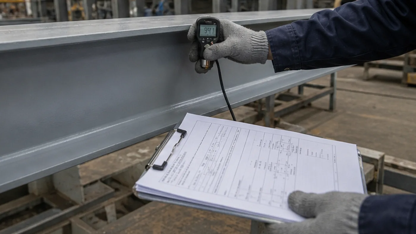 Steel structure coating inspection checklist shown as steel structure quality document package with MTC, heat number traceability, welding records, coating DFT report, NCR closeout file, and shipment handover list