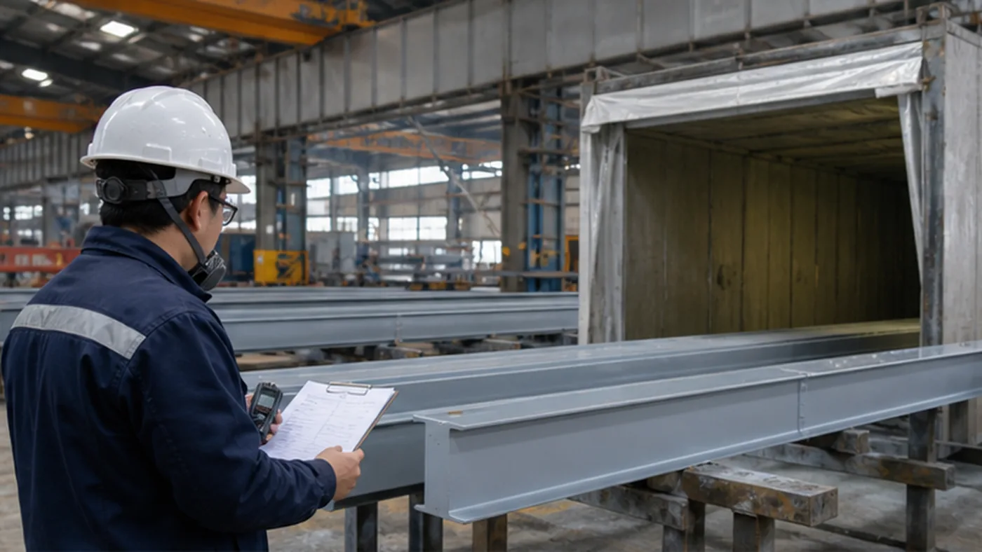 Steel structure coating line audit checklist shown as steel structure fabrication workshop flow evidence for factory capacity audit, including cutting, assembly, welding, coating, and finished goods areas