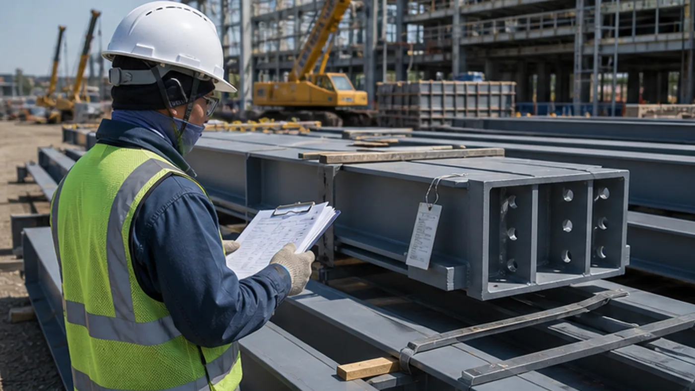 Steel structure concession release checklist shown as steel structure fabricator evaluation scorecard with production capacity, document response, export packing, and quotation clarity review