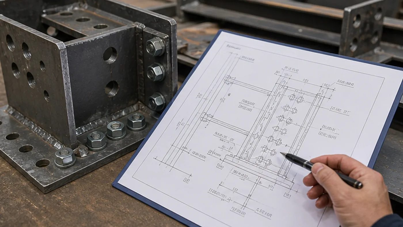 Steel structure connection detail checklist before RFQ shown as steel structure RFQ drawing package review with member schedule, connection details, coating notes, and delivery terms