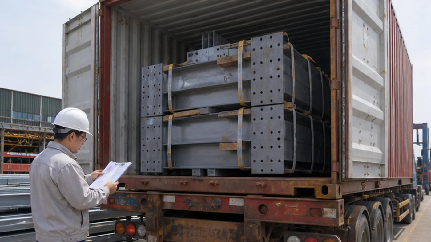 Steel structure container loading checklist for export projects shown as steel structure export packing evidence with component marks, bundle labels, bolt box labels, packing list, and container loading photos