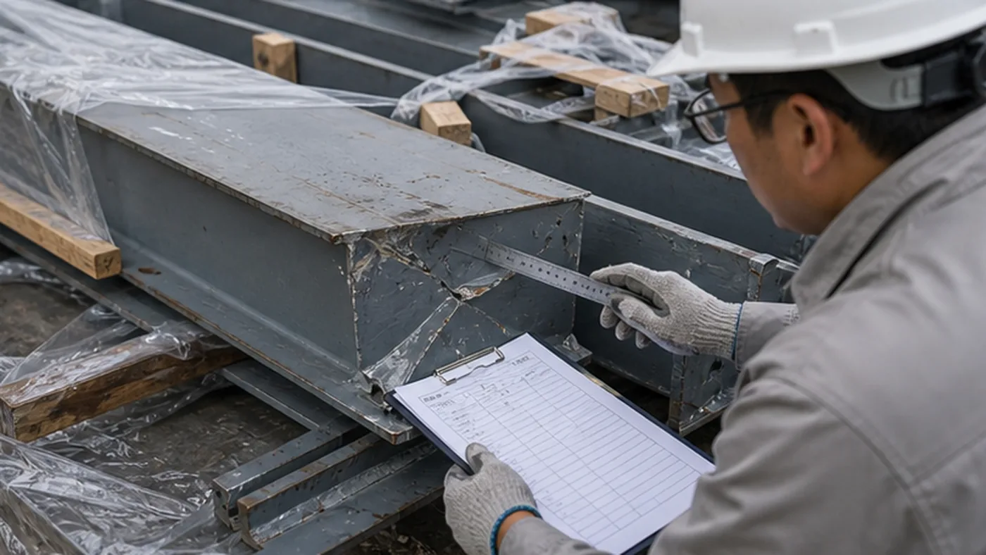 Steel structure damage report checklist after delivery shown as steel structure export packing evidence with component marks, bundle labels, bolt box labels, packing list, and container loading photos