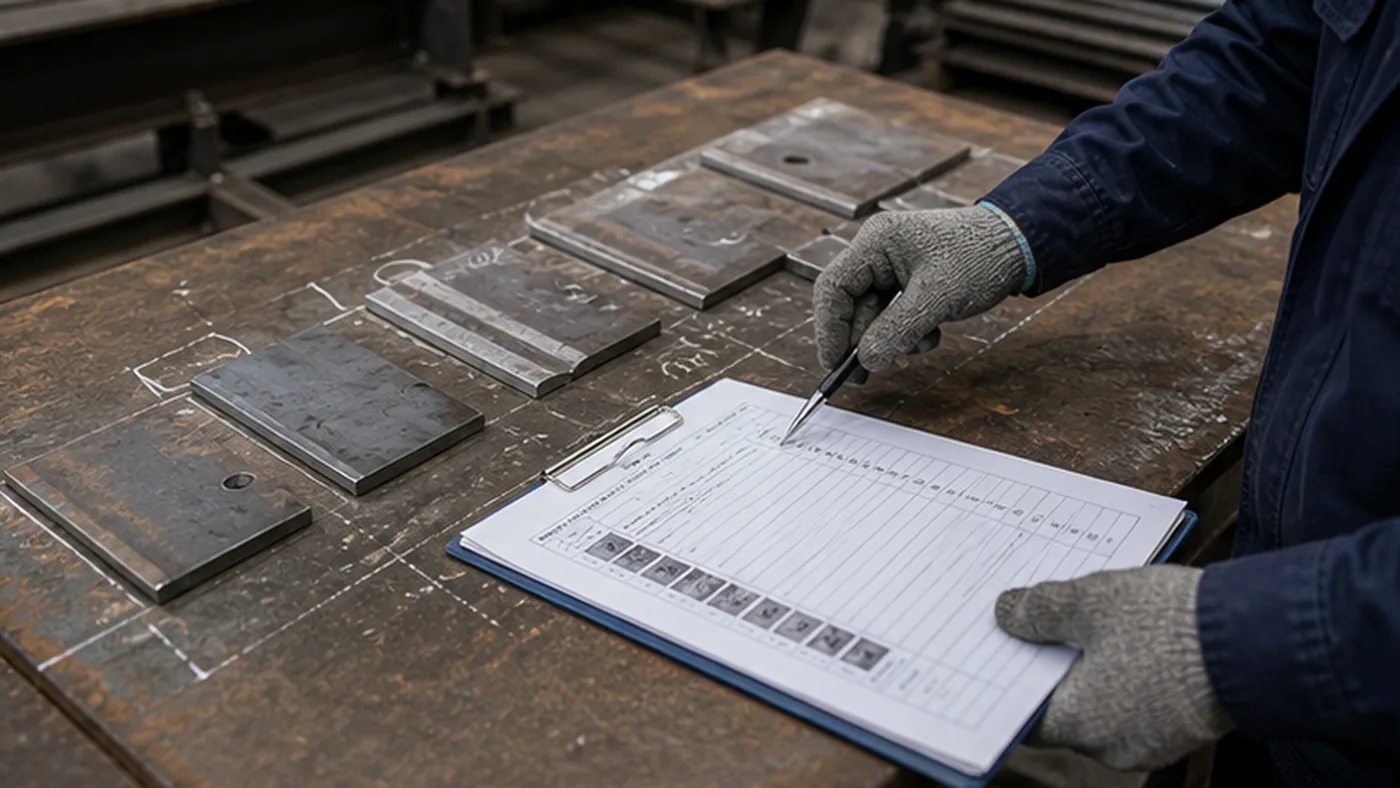 Steel structure defect acceptance criteria checklist shown as steel structure quality document package with MTC, heat number traceability, welding records, coating DFT report, NCR closeout file, and shipment handover list