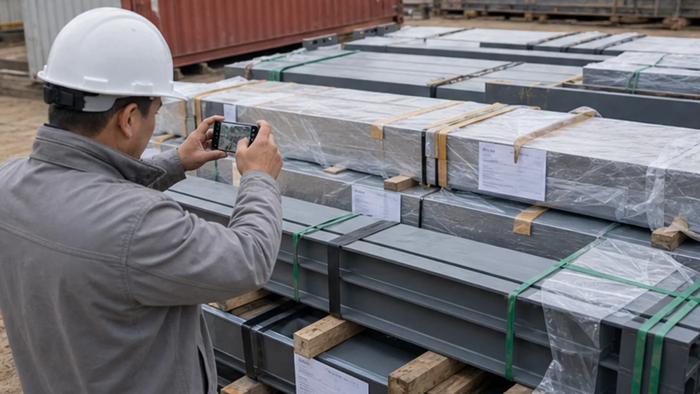 Steel structure delivery photo checklist for EPC projects shown as steel structure export packing evidence with component marks, bundle labels, bolt box labels, packing list, and container loading photos