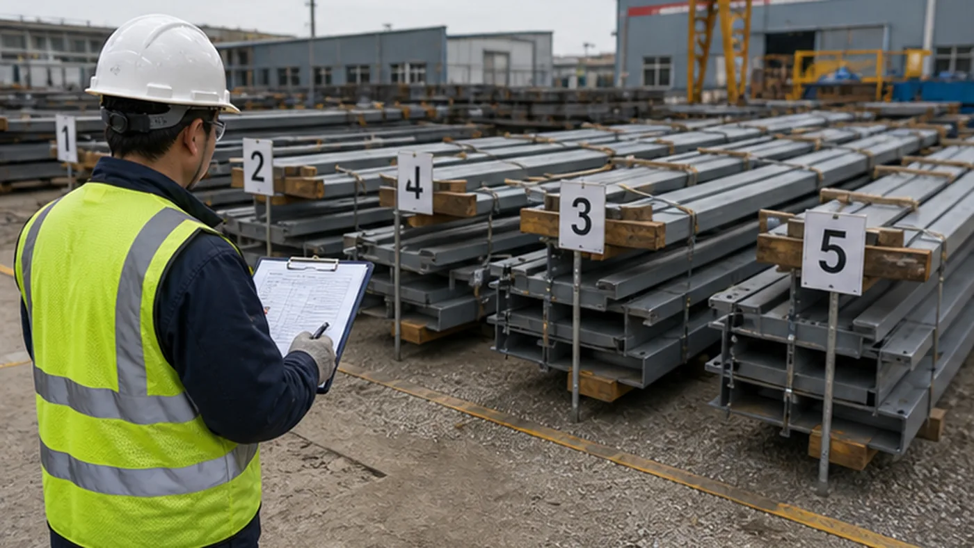 Steel structure delivery sequence checklist for EPC projects shown as steel structure export packing evidence with component marks, bundle labels, bolt box labels, packing list, and container loading photos