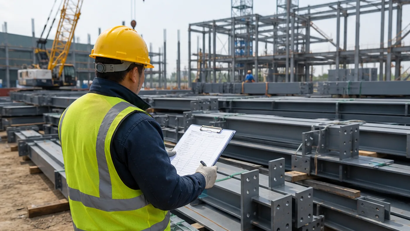Steel structure erection area handover checklist shown as steel structure export packing evidence with component marks, bundle labels, bolt box labels, packing list, and container loading photos