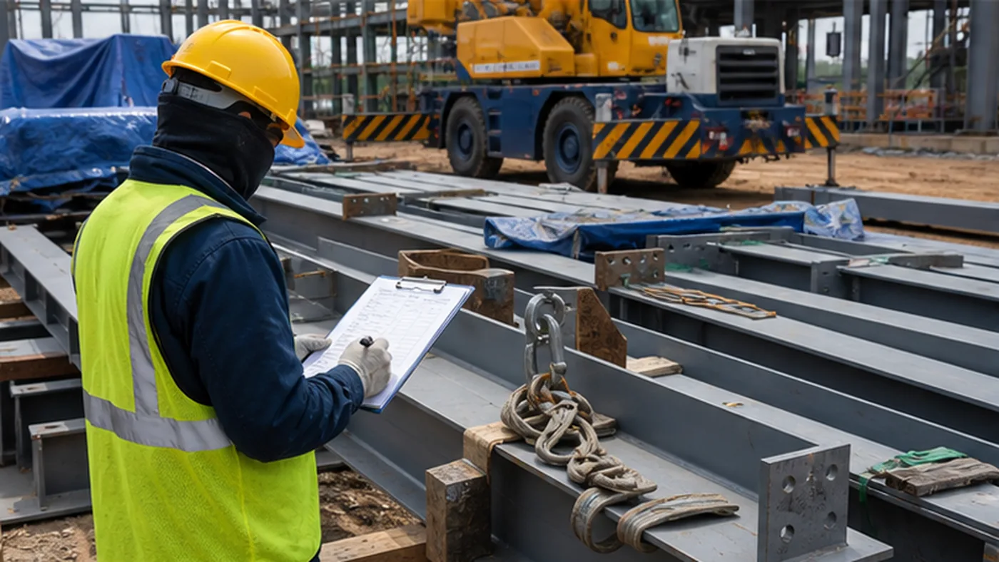 Steel structure erection material release checklist shown as steel structure export packing evidence with component marks, bundle labels, bolt box labels, packing list, and container loading photos