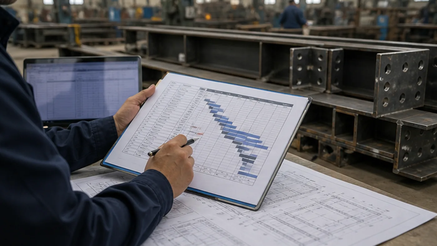 Steel structure fabrication schedule checklist for EPC projects shown as steel structure RFQ drawing package review with member schedule, connection details, coating notes, and delivery terms