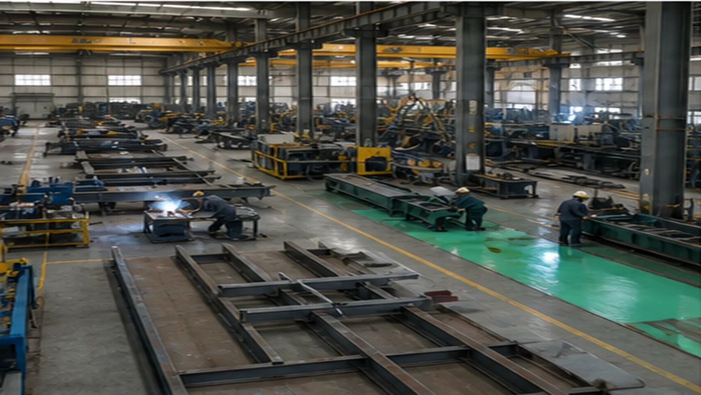 Steel structure factory audit checklist shown as fabrication workshop flow with cutting, welding, assembly, and coating areas