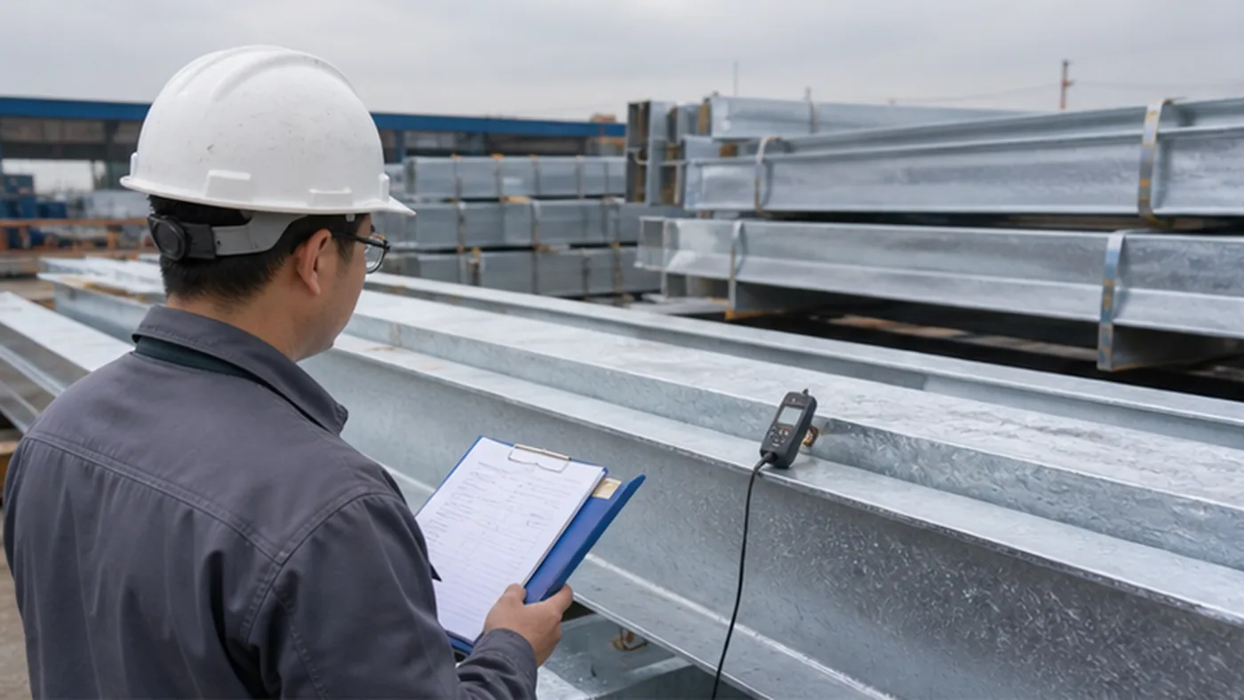 Steel structure galvanizing inspection checklist for export projects shown as steel structure quality document package with MTC, heat number traceability, welding records, coating DFT report, NCR closeout file, and shipment handover list