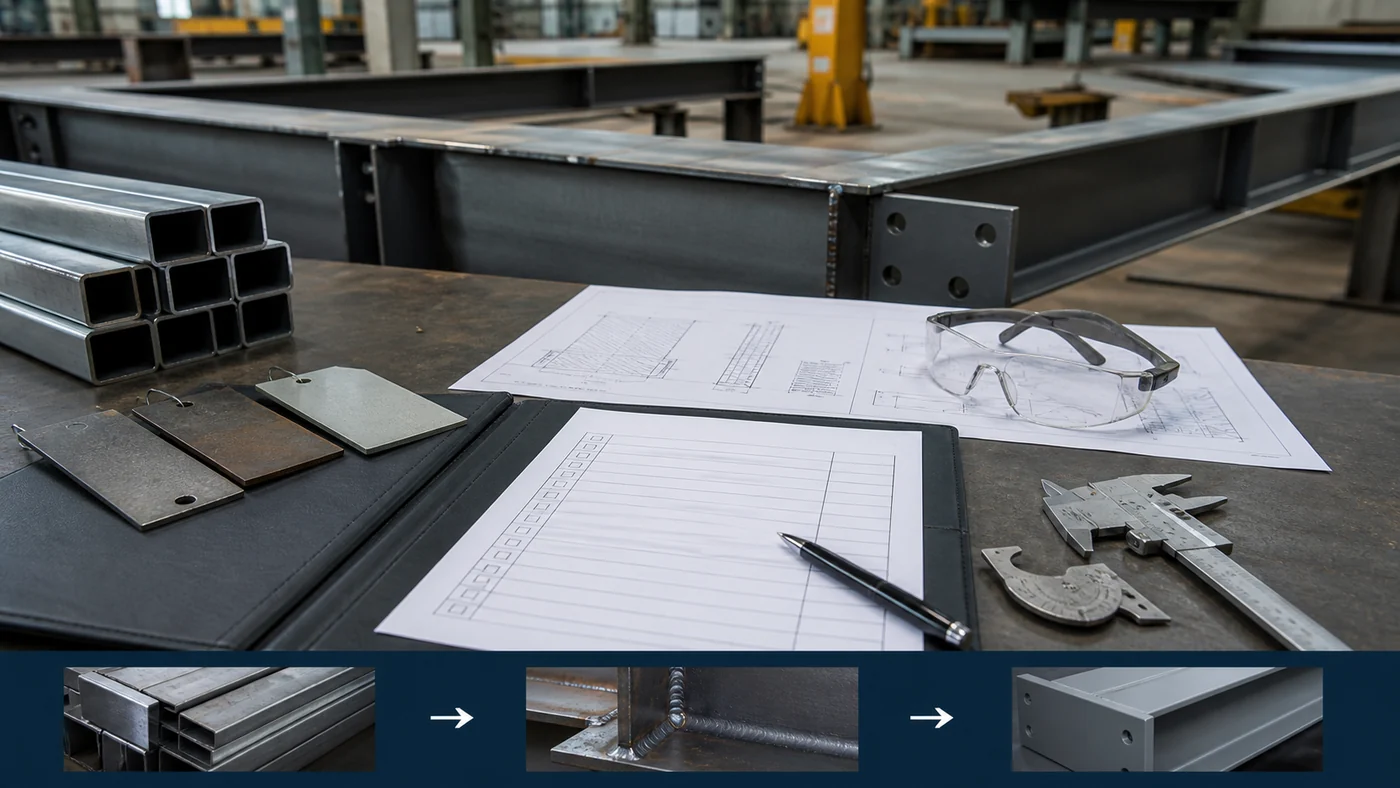 Illustrative steel structure inspection planning desk with checklist, drawings, gauges, steel samples, welding, and coating stages