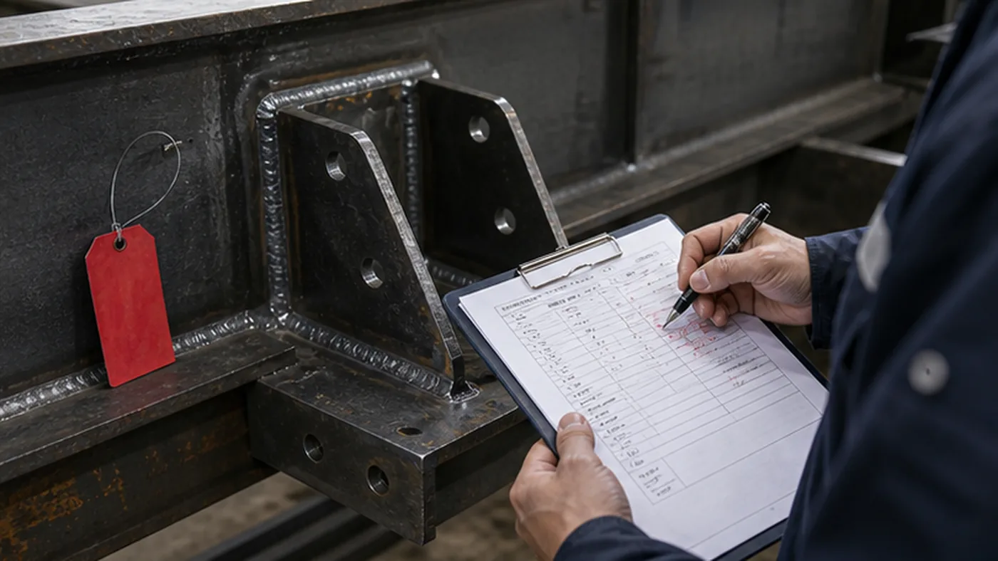 Steel structure inspection comment closeout checklist shown as steel structure fabricator evaluation scorecard with production capacity, document response, export packing, and quotation clarity review