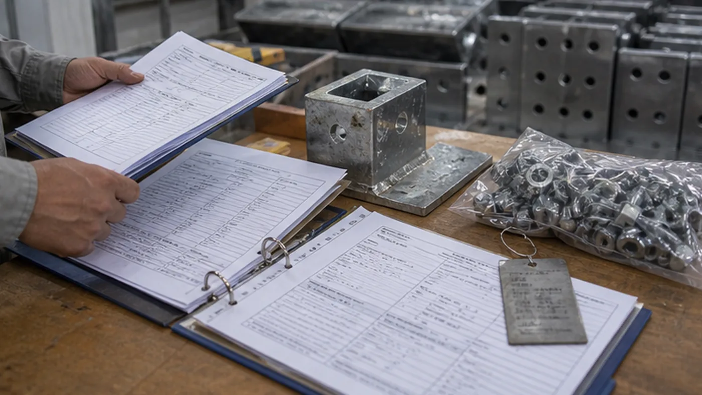 Steel structure inspection documents before shipment shown as steel structure quality document package with MTC, heat number traceability, welding records, coating DFT report, NCR closeout file, and shipment handover list