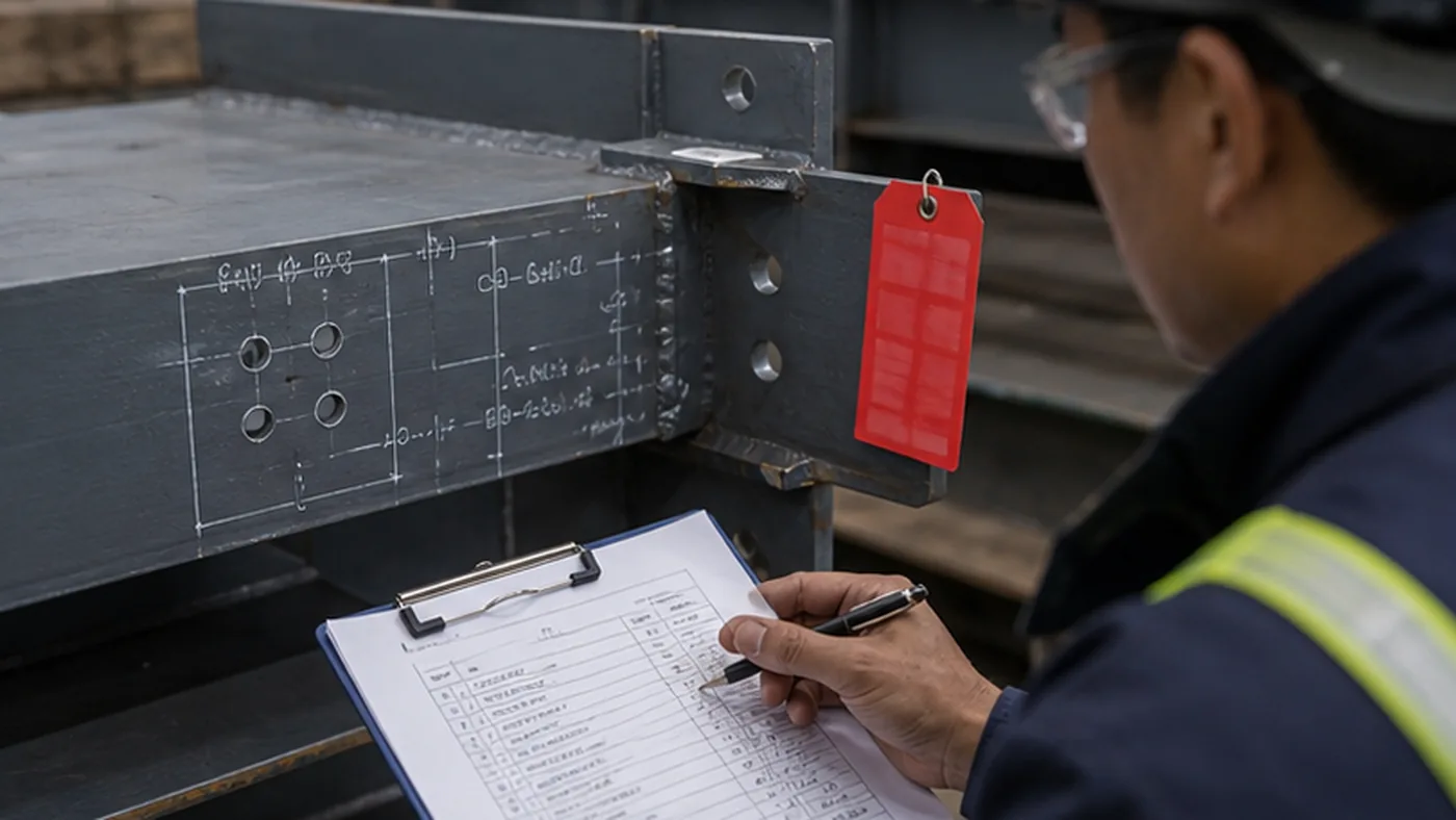 Steel structure supplier inspection response checklist shown as steel structure fabricator evaluation scorecard with production capacity, document response, export packing, and quotation clarity review
