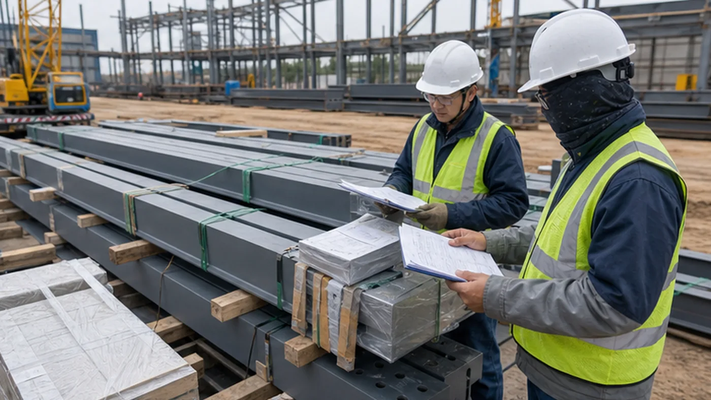 Steel structure installation package checklist for EPC site teams shown as steel structure export packing evidence with component marks, bundle labels, bolt box labels, packing list, and container loading photos