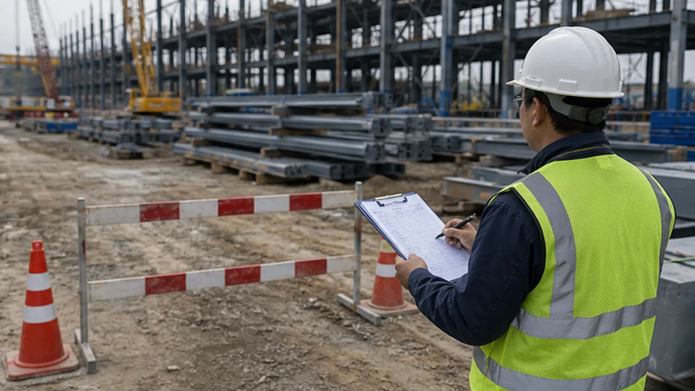 Steel structure installation readiness issue checklist shown as steel structure export packing evidence with component marks, bundle labels, bolt box labels, packing list, and container loading photos