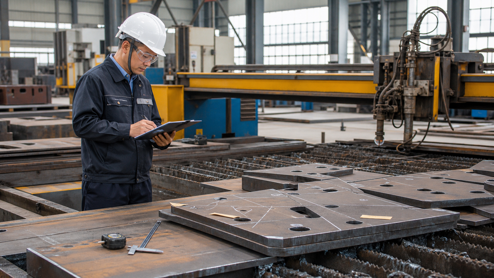 Steel structure material cutting line audit with CNC cutting table, steel plates, cut parts, measuring tools, and inspector records