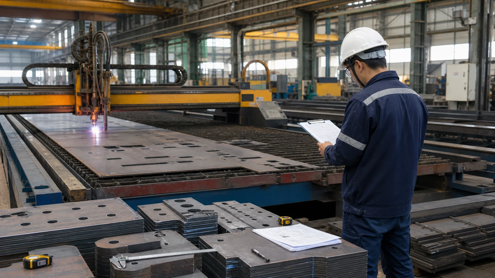 Steel structure material cutting line audit with CNC cutting table, steel plates, cut parts, measuring tools, and inspector records