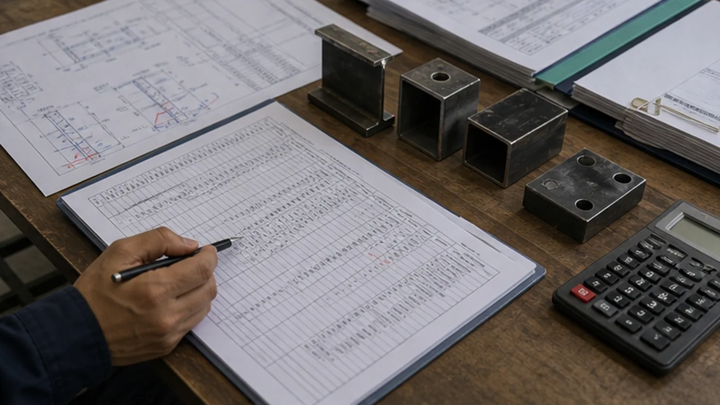 Steel structure material takeoff checklist before RFQ shown as steel structure RFQ drawing package review with member schedule, connection details, coating notes, and delivery terms