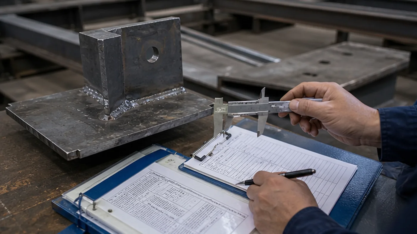 Steel structure minor defect concession checklist shown as steel structure fabricator evaluation scorecard with production capacity, document response, export packing, and quotation clarity review