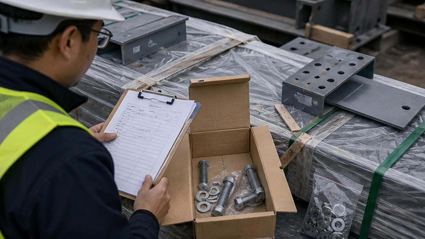 Steel structure missing parts report checklist after delivery shown as steel structure export packing evidence with component marks, bundle labels, bolt box labels, packing list, and container loading photos