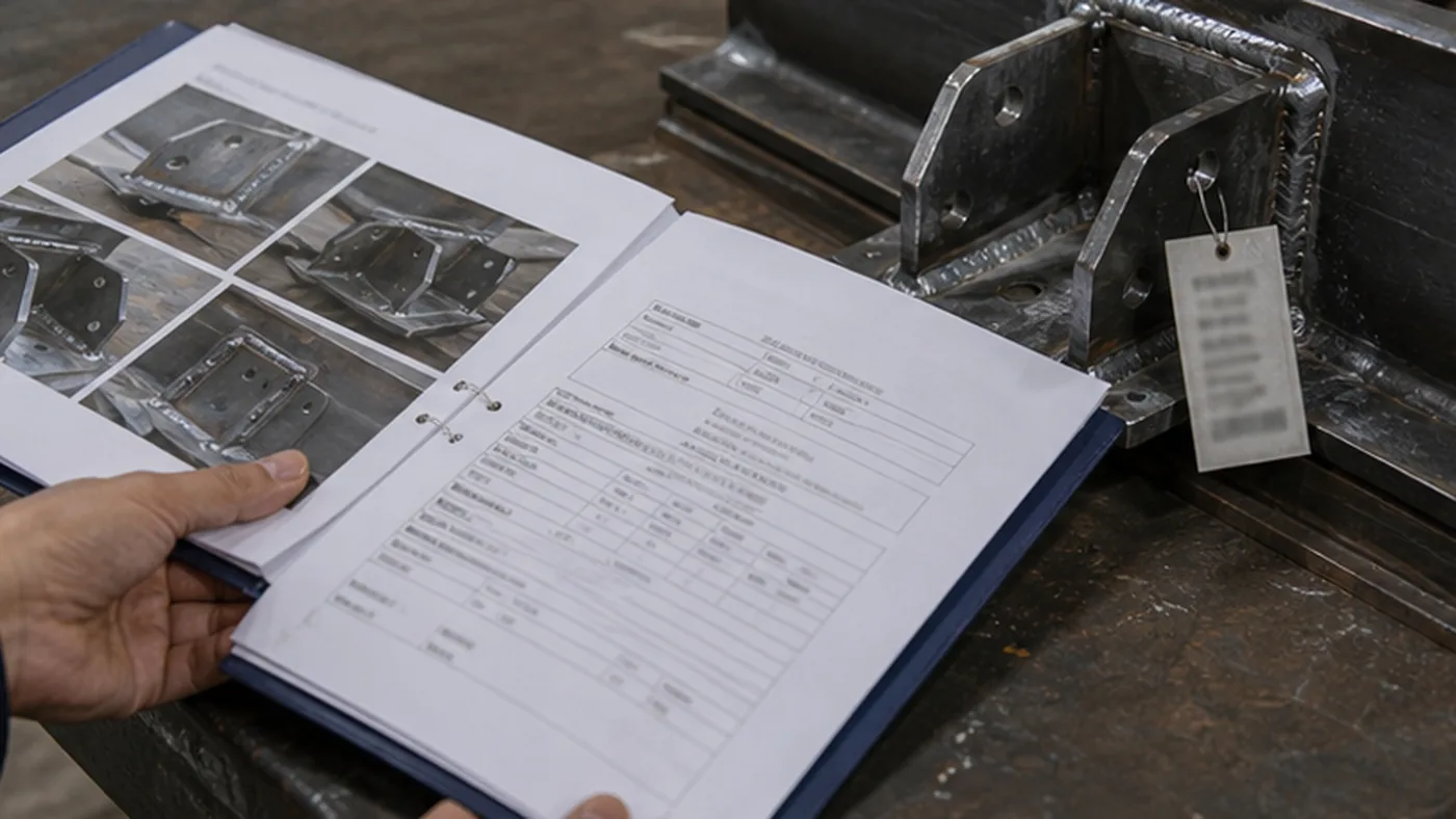Steel structure NCR closeout evidence checklist shown as steel structure quality document package with MTC, heat number traceability, welding records, coating DFT report, NCR closeout file, and shipment handover list
