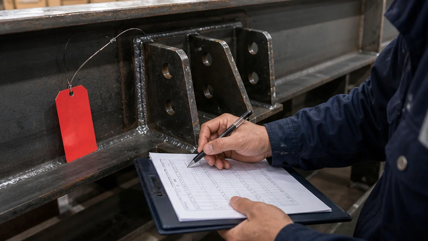 Steel structure nonconformance report checklist before shipment shown as steel structure quality document package with MTC, heat number traceability, welding records, coating DFT report, NCR closeout file, and shipment handover list