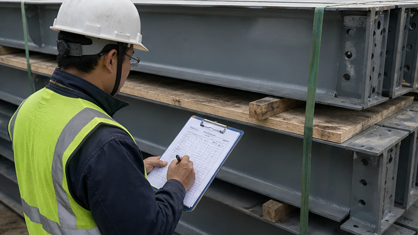 Steel structure open issue closeout checklist shown as steel structure export packing evidence with component marks, bundle labels, bolt box labels, packing list, and container loading photos