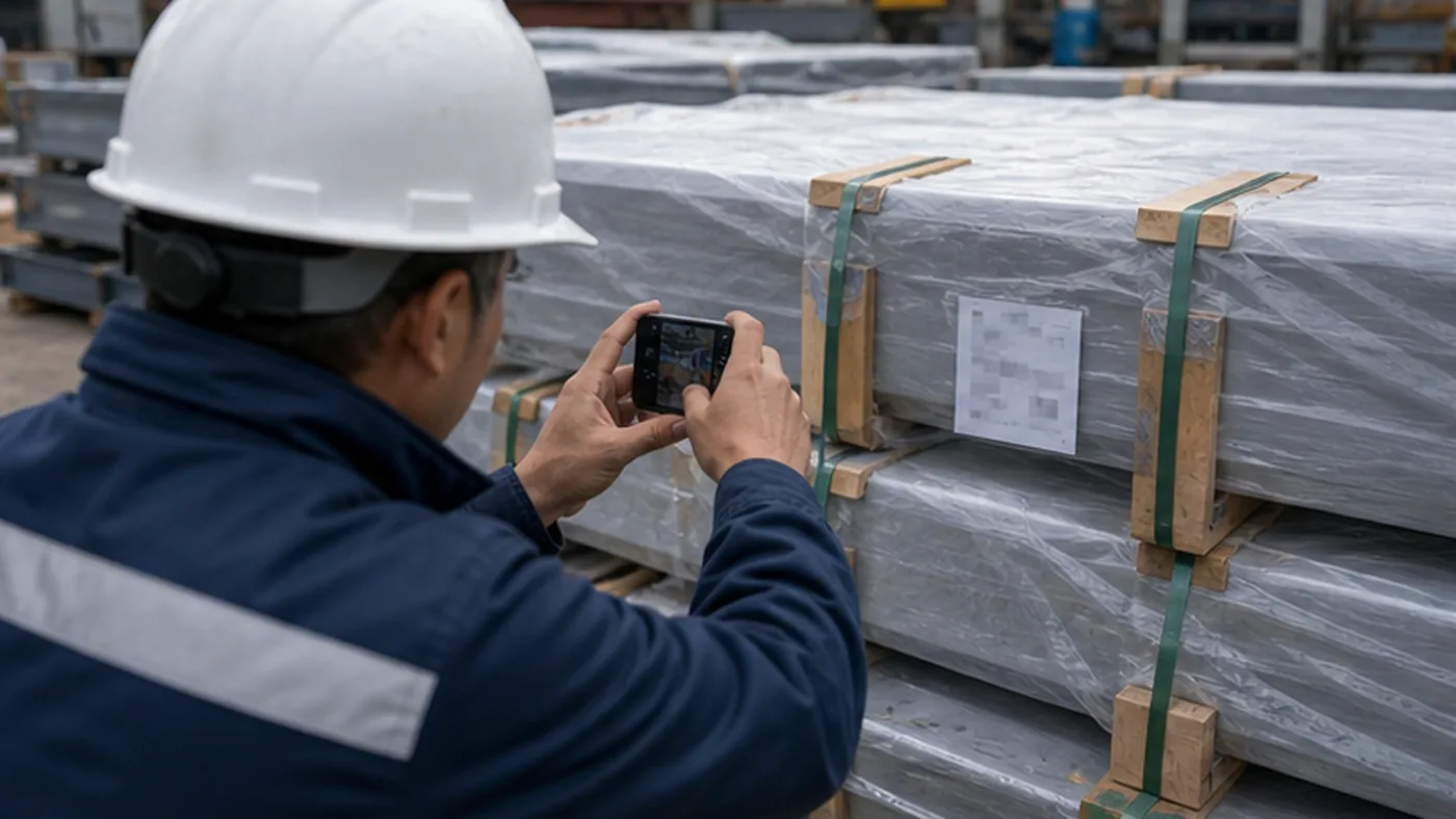 Steel structure packing photo checklist before shipment shown as steel structure export packing evidence with component marks, bundle labels, bolt box labels, packing list, and container loading photos