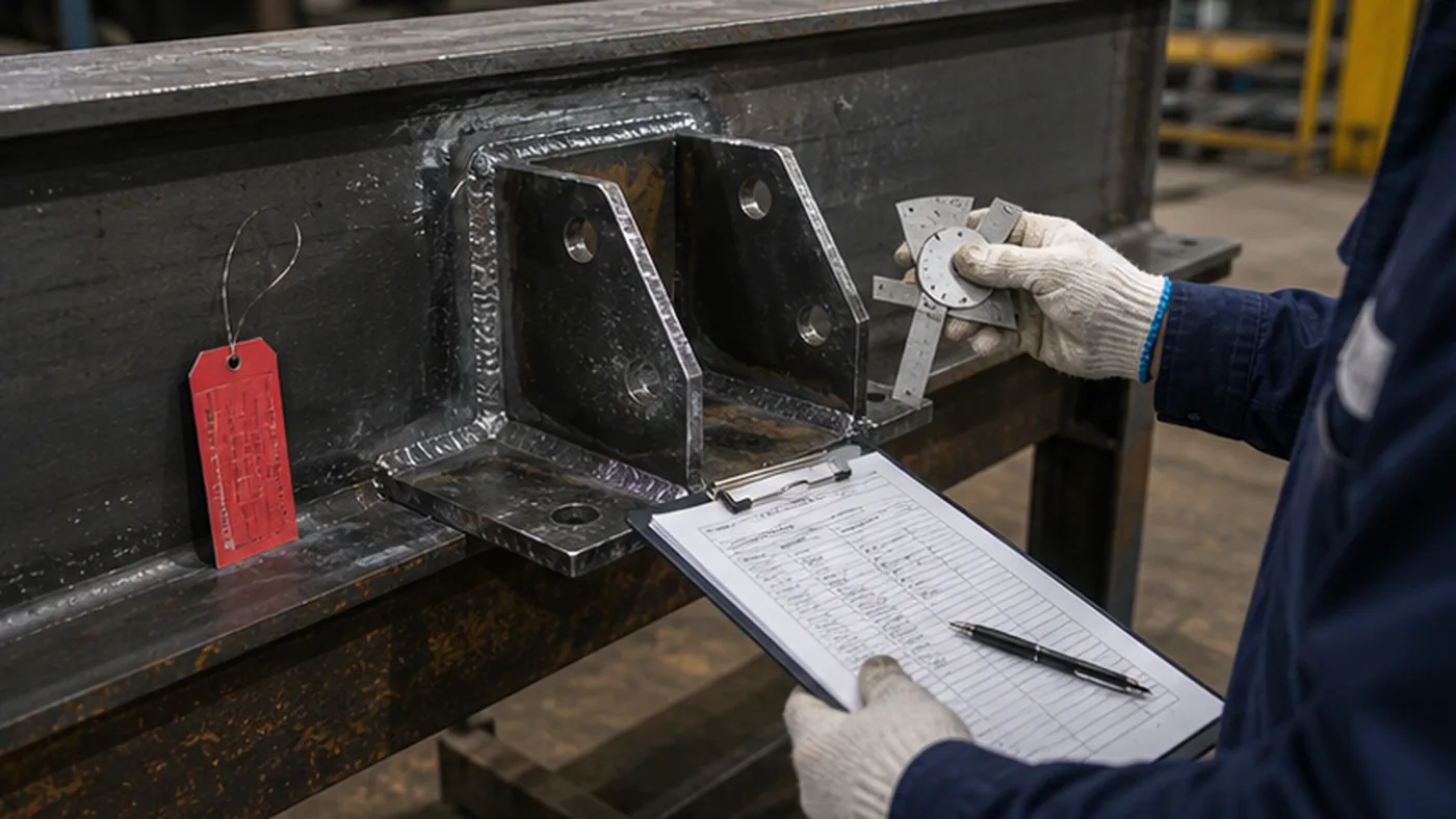 Steel structure post repair inspection checklist shown as steel structure quality document package with MTC, heat number traceability, welding records, coating DFT report, NCR closeout file, and shipment handover list