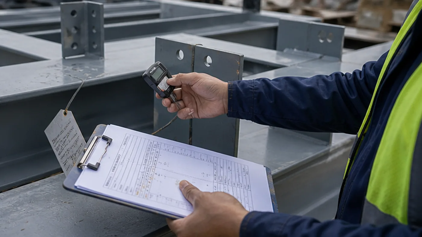 Steel structure pre installation quality check checklist shown as steel structure quality document package with MTC, heat number traceability, welding records, coating DFT report, NCR closeout file, and shipment handover list