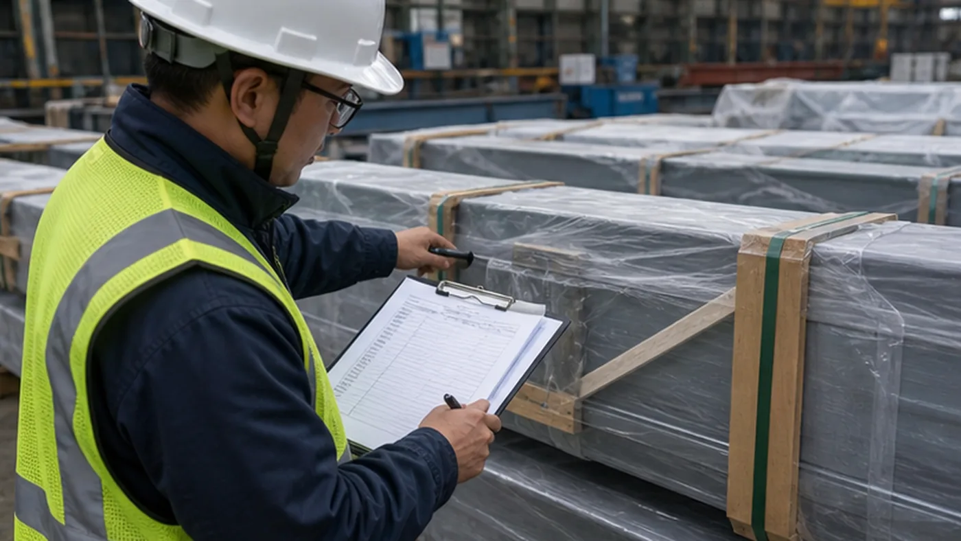 Steel structure pre shipment TPI checklist shown as steel structure fabricator evaluation scorecard with production capacity, document response, export packing, and quotation clarity review