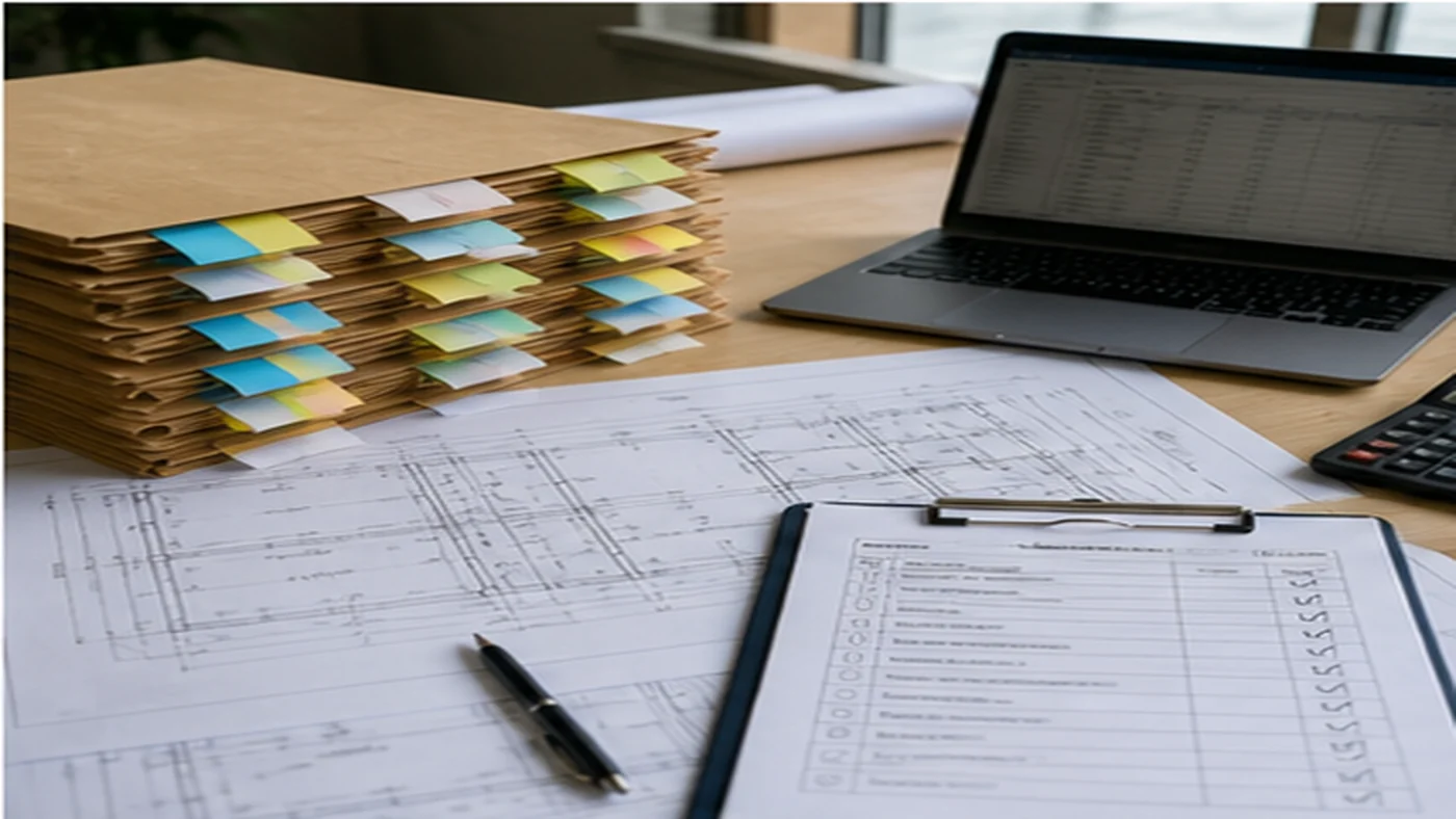 Steel structure procurement guide shown as drawings, RFQ checklist folders, procurement laptop, and buyer-side package notes