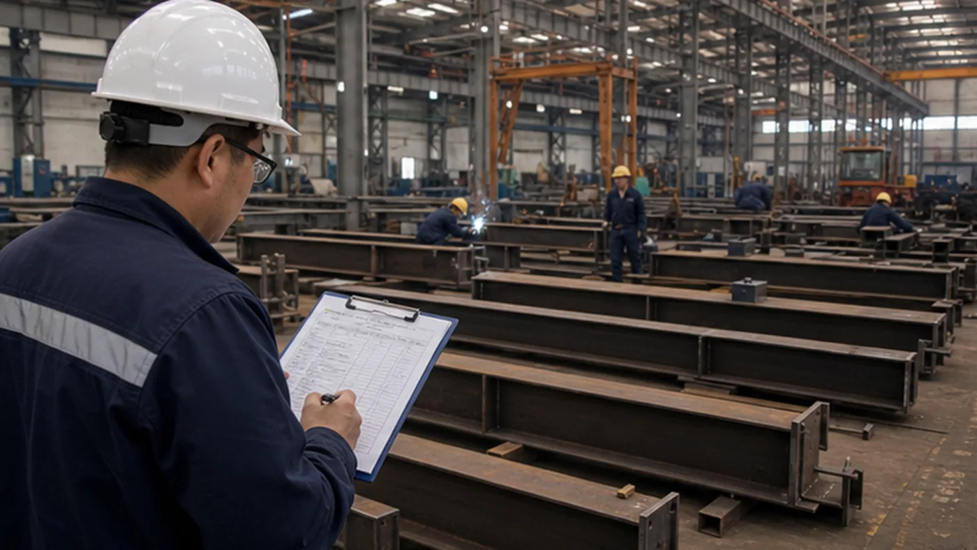 Steel structure production capacity checklist shown as steel structure fabrication workshop flow evidence for factory capacity audit, including cutting, assembly, welding, coating, and finished goods areas