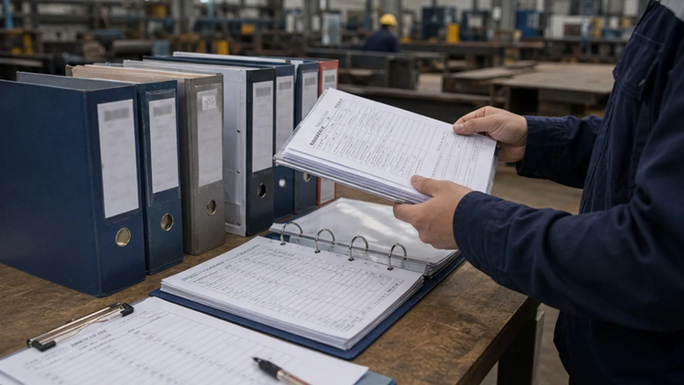 Steel structure quality documents for EPC projects shown as steel structure quality document package with MTC, heat number traceability, welding records, coating DFT report, NCR closeout file, and shipment handover list