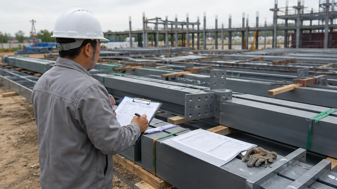 Steel structure released material tracking checklist shown as steel structure export packing evidence with component marks, bundle labels, bolt box labels, packing list, and container loading photos